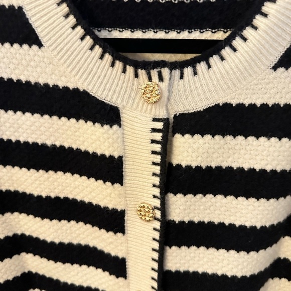 Black & White striped gold button down cable knit soft quiet luxury cardigan L - Picture 4 of 14